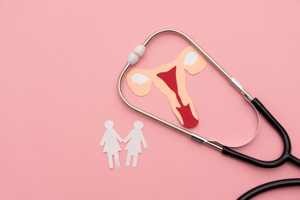 Stethoscope with uterus and two paper female figures on pink background